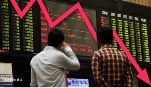 Pakistan Stock Exchange trading screen showing red with massive 15,344 point decline amid Iran-US war fears