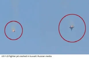 US F-15 fighter jet engulfed in flames as it crashes in Kuwait, pilot ejects with parachute visible