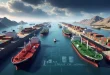 Strait of Hormuz , stranded oil tankers and cargo ships between Iran and Oman, highlighting strategic and economic importance for global oil trade