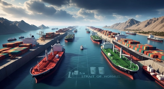 Strait of Hormuz , stranded oil tankers and cargo ships between Iran and Oman, highlighting strategic and economic importance for global oil trade