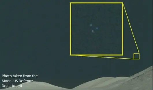 Declassified Pentagon UFO files website war.gov/ufo showing Apollo 17 triangular formation image and military sensor videos of unidentified aerial phenomena