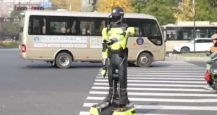 Smart robot traffic police officer deployed on a street in Hangzhou, China.