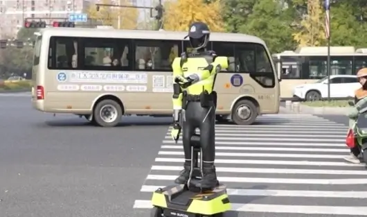 Smart robot traffic police officer deployed on a street in Hangzhou, China.